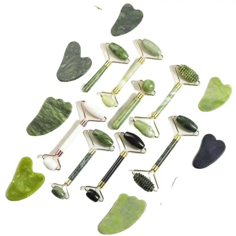 Ensemble de rouleaux de jade naturel et Gua Sha, massager facial artisanal en jade véritable pour le soin du visage, du cou et des yeux, 1/2 pièces