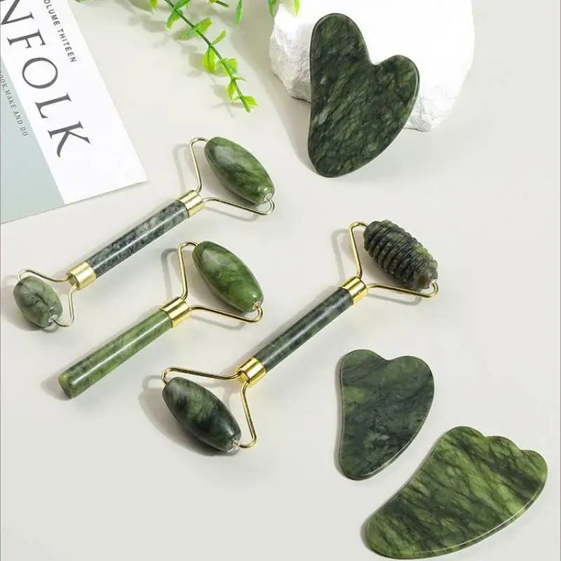 Ensemble de rouleaux de jade naturel et Gua Sha, massager facial artisanal en jade véritable pour le soin du visage, du cou et des yeux, 1/2 pièces
