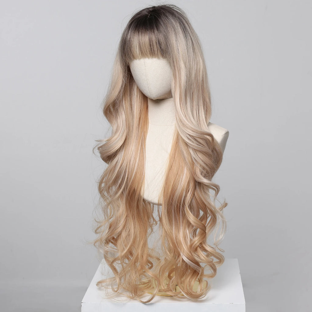 Perruques synthétiques ondulées blondes ombrées avec frange pour femmes, perruque synthétique Super longue à reflets platine naturels, résistante à la chaleur pour Cosplay quotidien