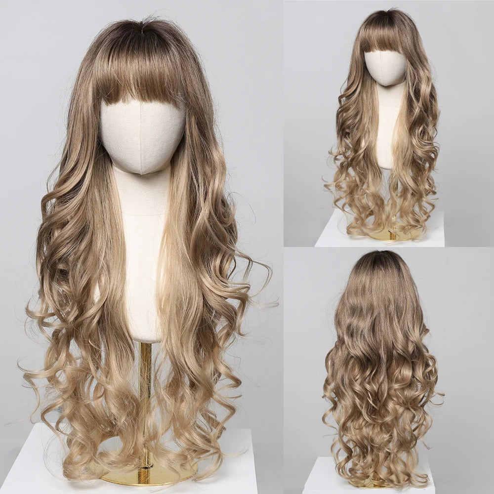 Perruques synthétiques ondulées blondes ombrées avec frange pour femmes, perruque synthétique Super longue à reflets platine naturels, résistante à la chaleur pour Cosplay quotidien