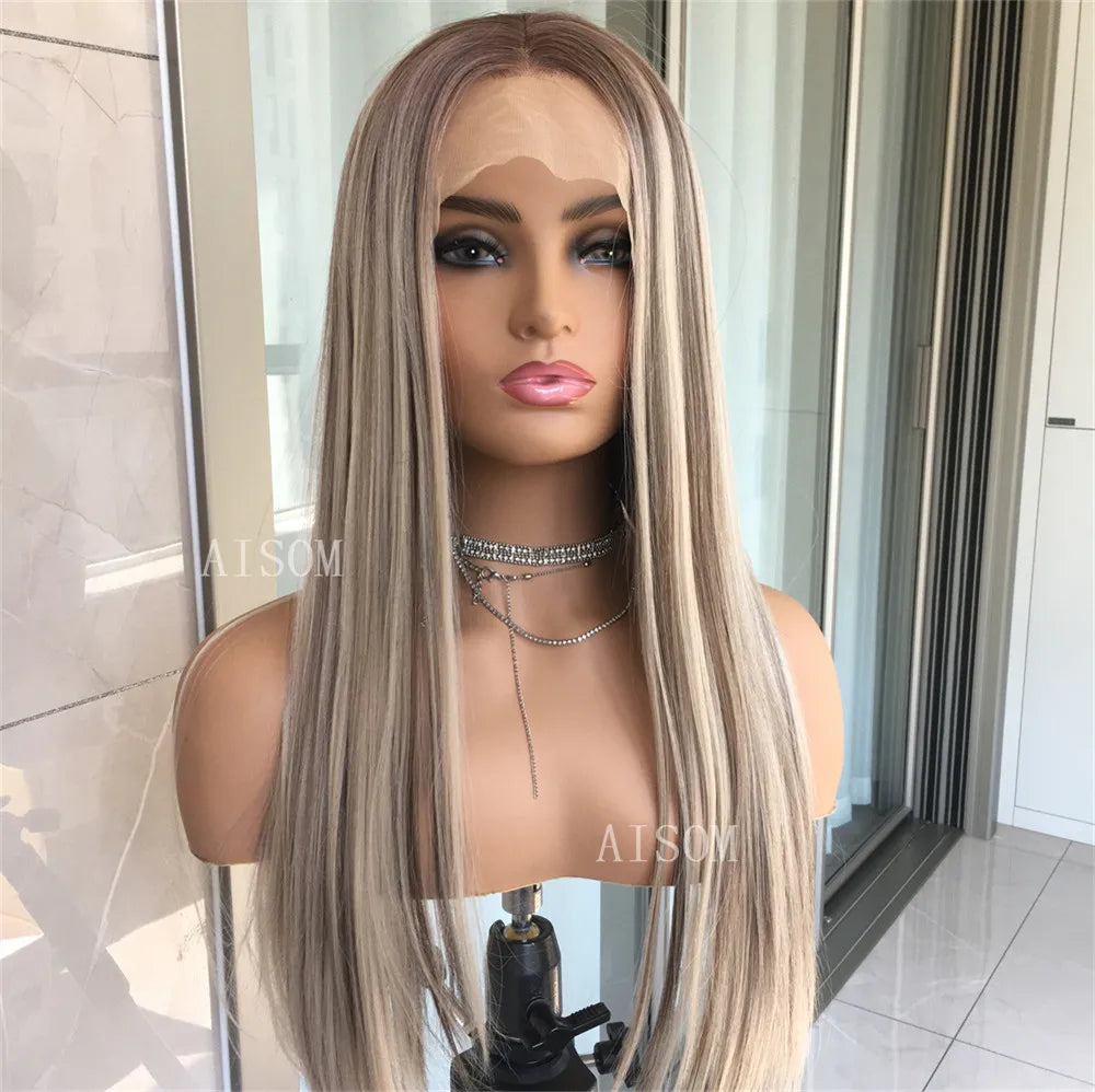 Perruque Lace Front Wig synthétique lisse à reflets blond platine, perruque Lace Frontal Wig 13x4 pouces pour femmes, perruque de couleur Blonde pré-épilée