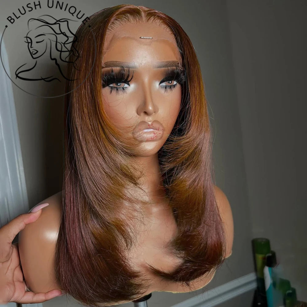 Perruque Lace Front Wig synthétique lisse HD, perruques superposées marron rougeâtre, coupe superposée, coupe de cheveux papillon rouge cuivre, sans colle