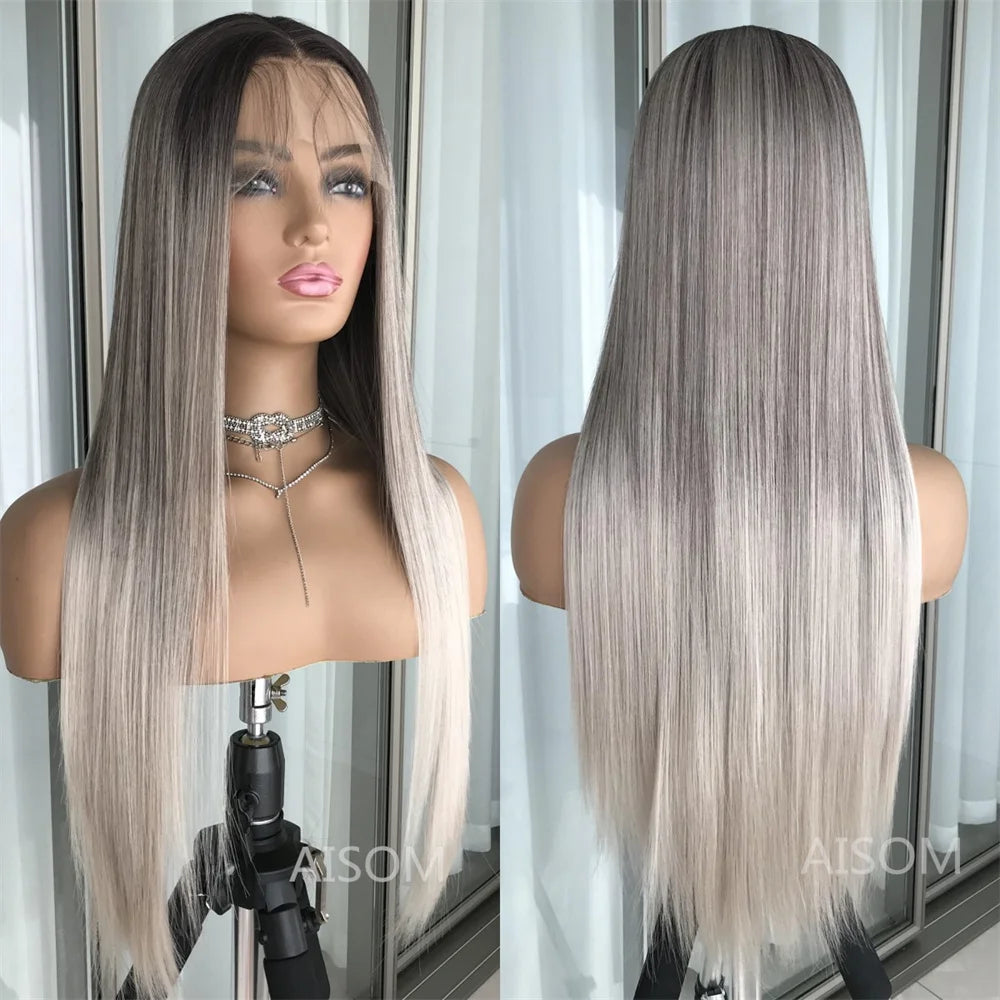Perruque Lace Front Wig synthétique lisse à reflets blond platine, perruque Lace Frontal Wig 13x4 pouces pour femmes, perruque de couleur Blonde pré-épilée