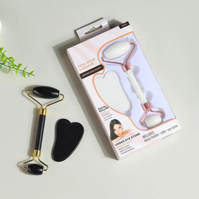Ensemble de rouleaux de jade naturel et Gua Sha, massager facial artisanal en jade véritable pour le soin du visage, du cou et des yeux, 1/2 pièces