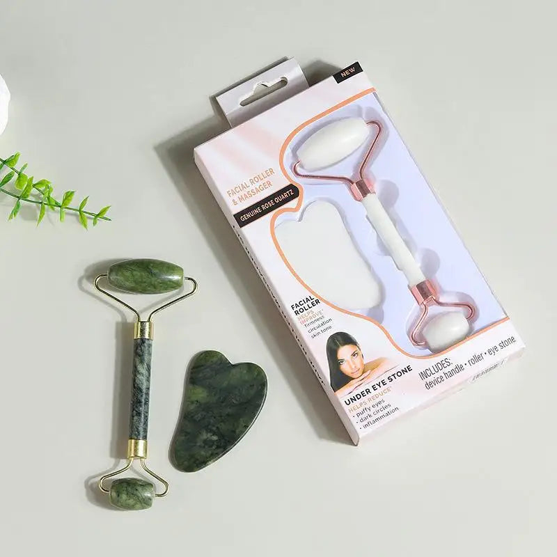 Ensemble de rouleaux de jade naturel et Gua Sha, massager facial artisanal en jade véritable pour le soin du visage, du cou et des yeux, 1/2 pièces