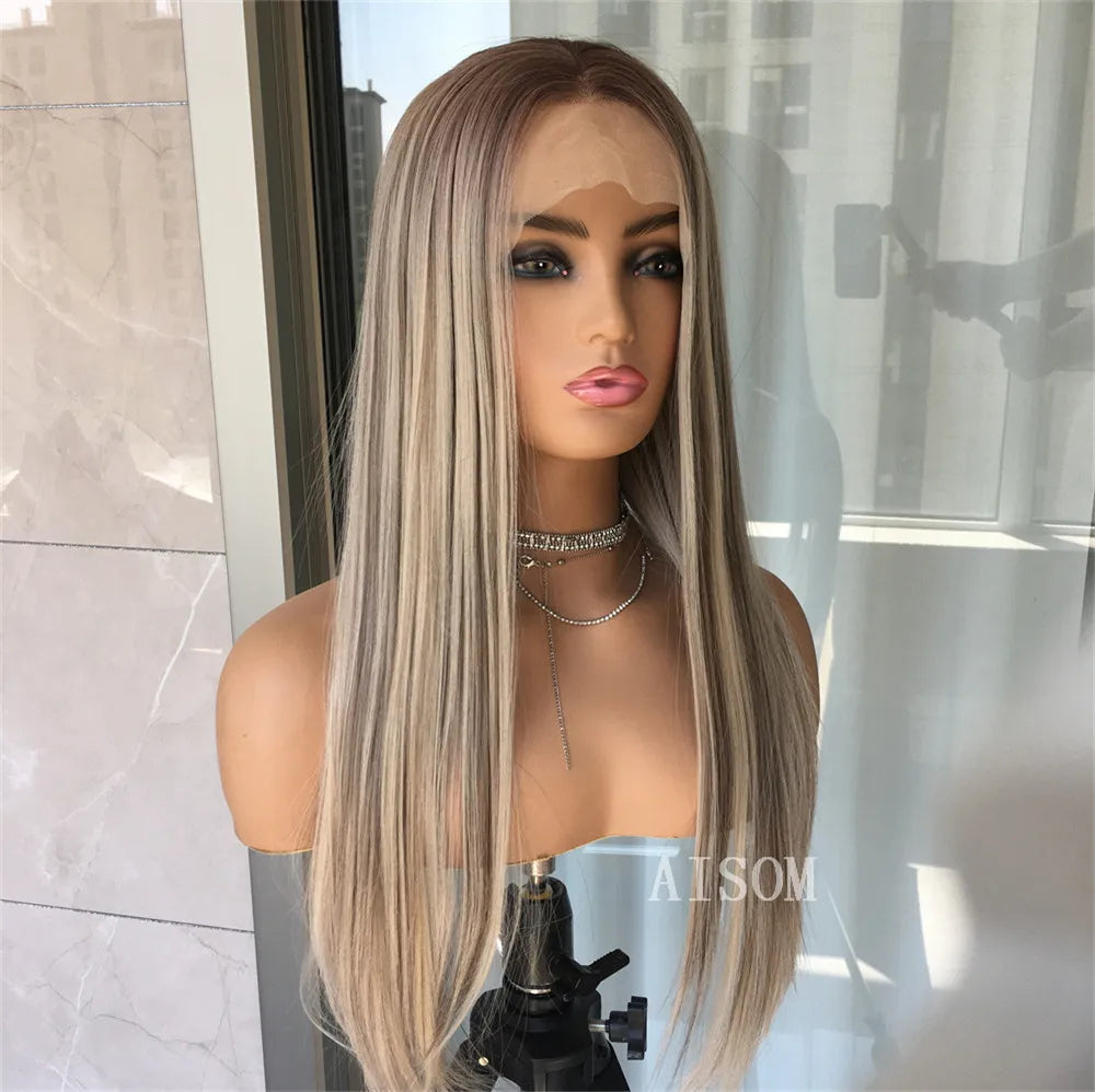 Perruque Lace Front Wig synthétique lisse à reflets blond platine, perruque Lace Frontal Wig 13x4 pouces pour femmes, perruque de couleur Blonde pré-épilée