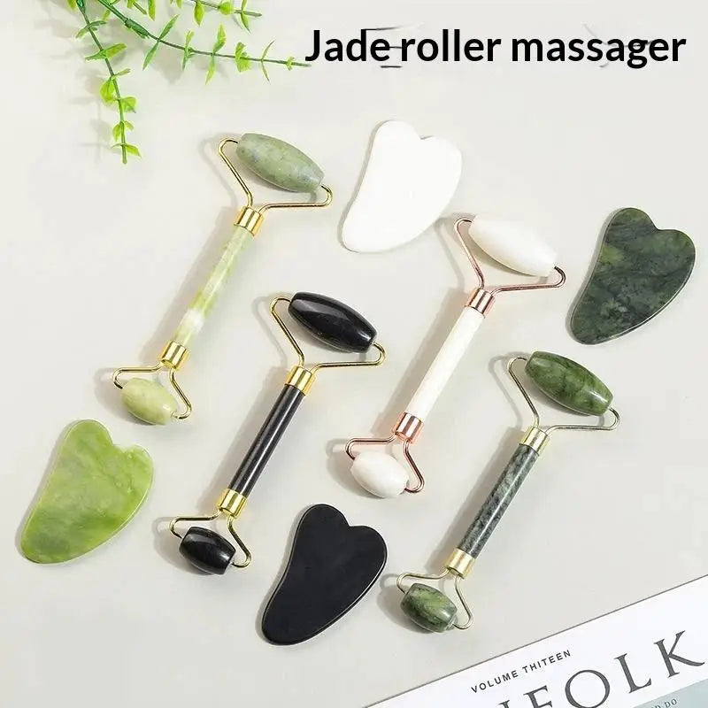 Ensemble de rouleaux de jade naturel et Gua Sha, massager facial artisanal en jade véritable pour le soin du visage, du cou et des yeux, 1/2 pièces