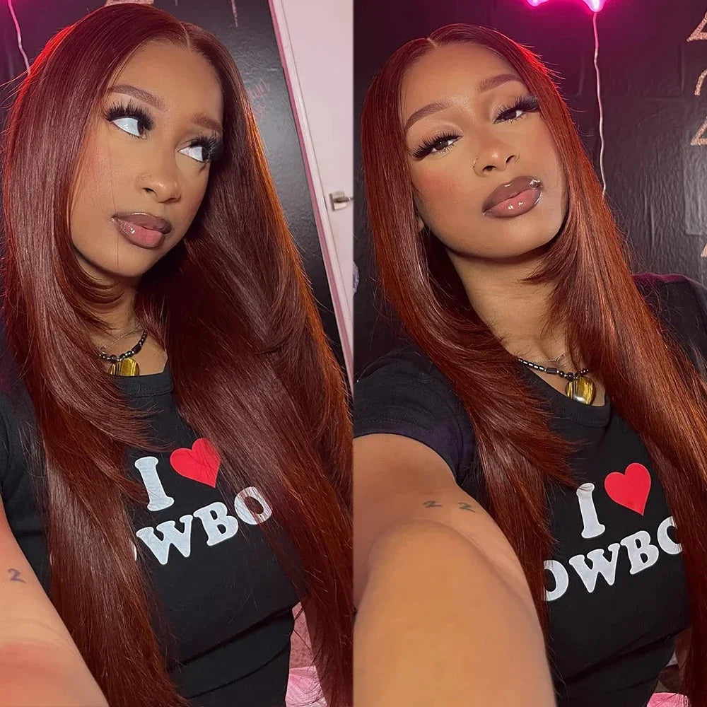 Perruque Lace Front Wig synthétique lisse HD, perruques superposées marron rougeâtre, coupe superposée, coupe de cheveux papillon rouge cuivre, sans colle