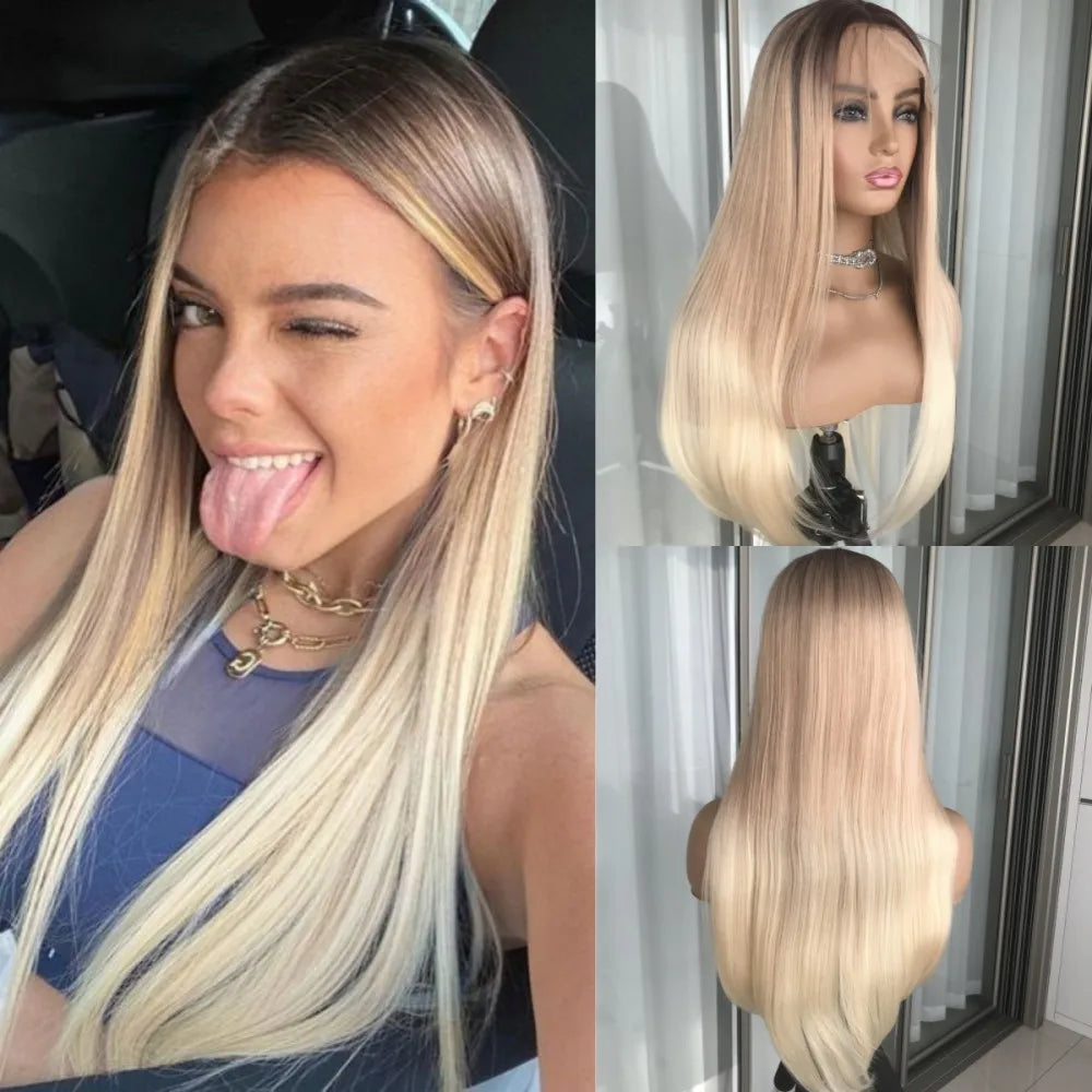 Perruque Lace Front Wig synthétique lisse à reflets blond platine, perruque Lace Frontal Wig 13x4 pouces pour femmes, perruque de couleur Blonde pré-épilée