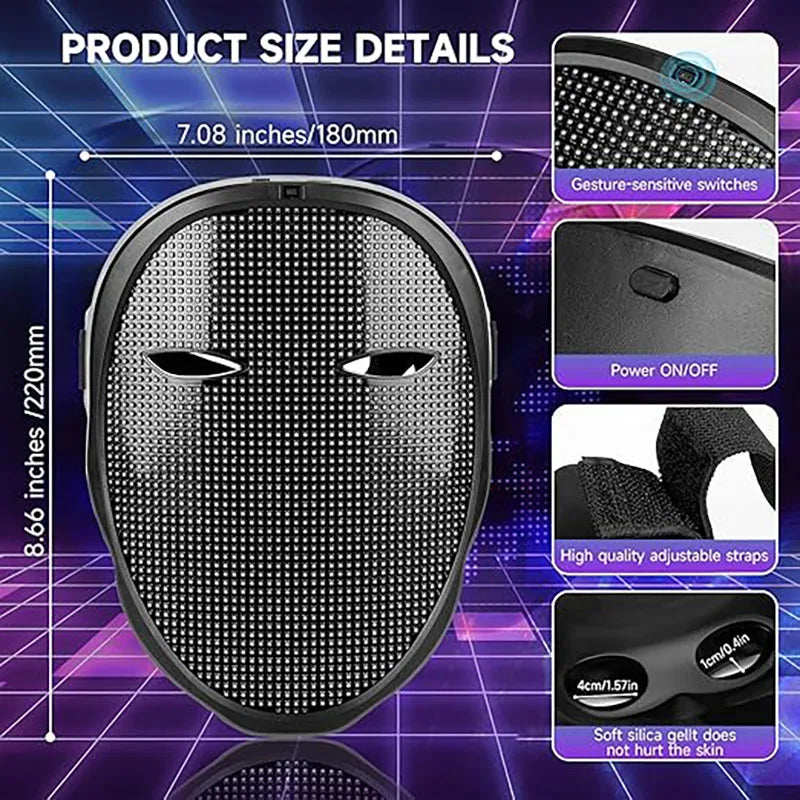 Masque LED avec contrôle par application Bluetooth, visage programmable, transformant, masque LED d'Halloween lumineux