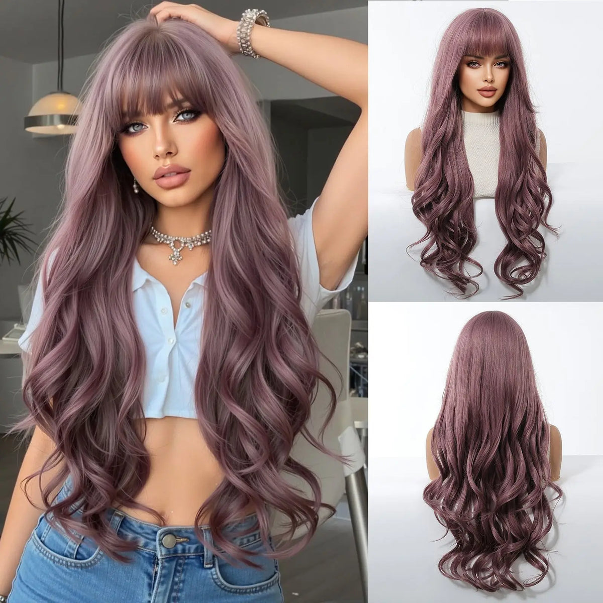 Perruques synthétiques ondulées blondes ombrées avec frange pour femmes, perruque synthétique Super longue à reflets platine naturels, résistante à la chaleur pour Cosplay quotidien