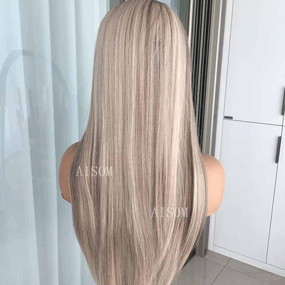 Perruque Lace Front Wig synthétique lisse à reflets blond platine, perruque Lace Frontal Wig 13x4 pouces pour femmes, perruque de couleur Blonde pré-épilée