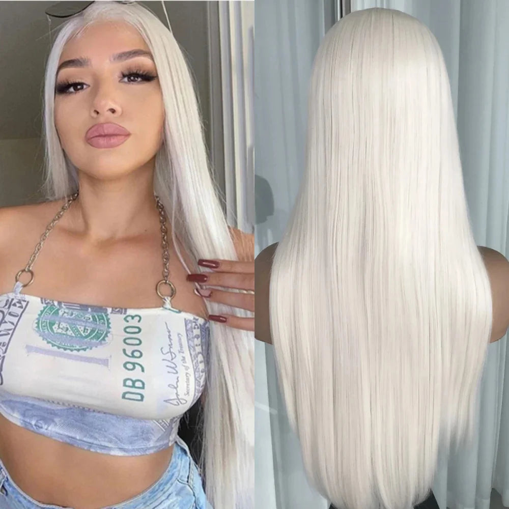 Perruque Lace Front Wig synthétique lisse à reflets blond platine, perruque Lace Frontal Wig 13x4 pouces pour femmes, perruque de couleur Blonde pré-épilée